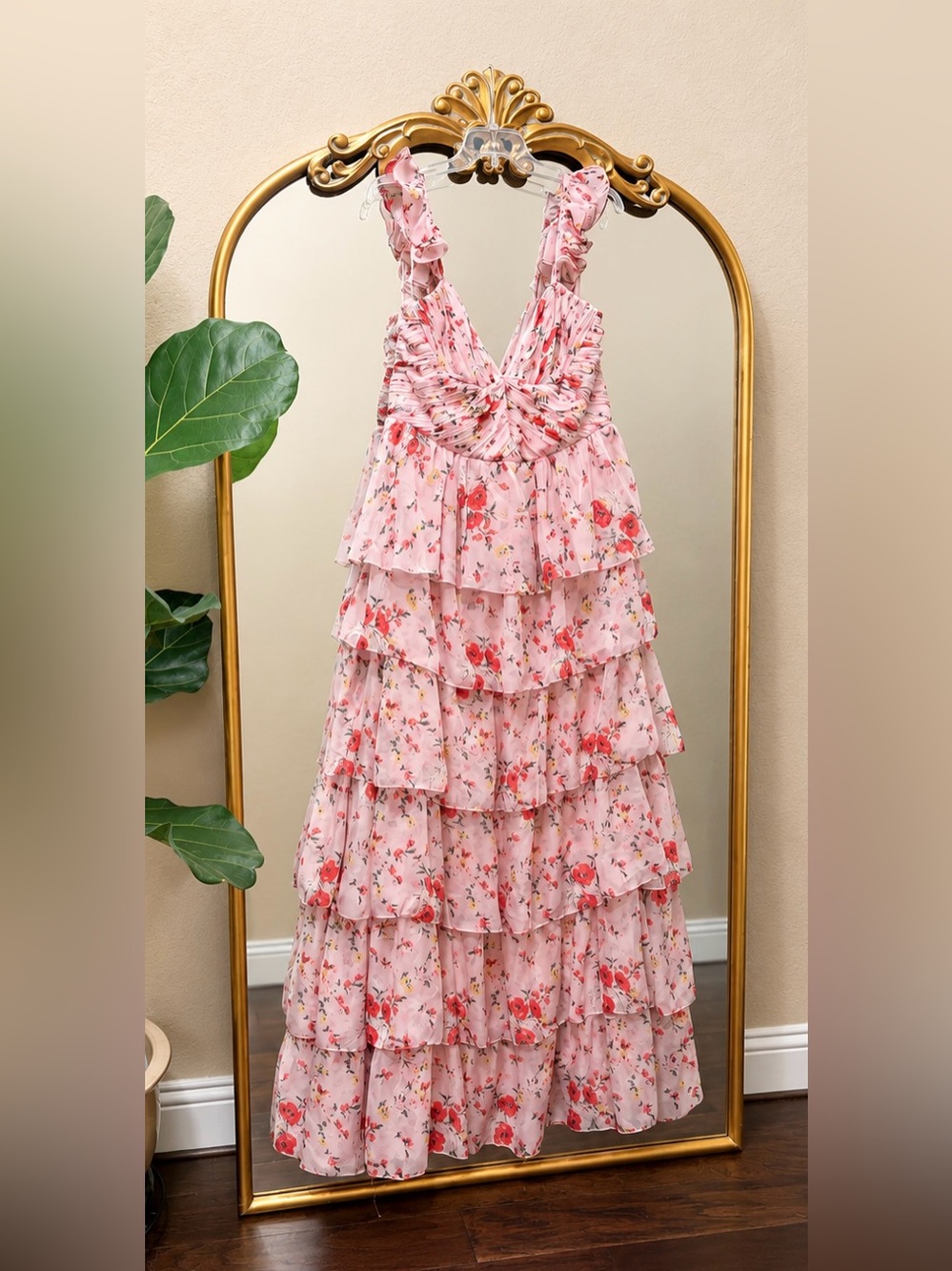Ieena Mac Duggal Floral Ruffled Sleeveless Draped Maxi Dress Size 16 - Picture 4 of 12
